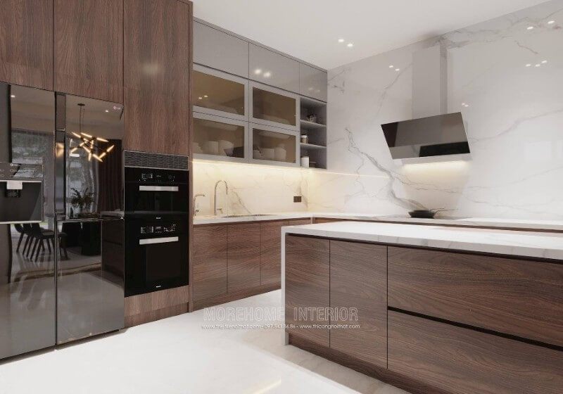 Với màu trắng chủ đạo cùng đường vân mây ấn tượng, đá ốp bếp nhân tạo mang đến không gian nhà bếp hiện đại, sang trọng và sạch sẽ hơn