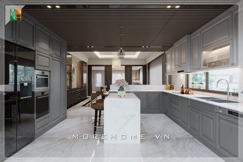 Hiện nay xu hướng sử dụng đá nhân tạo để ốp mặt bàn bếp rất được ưa chuộng do những ưu điểm của nó như không mối nối, chống trầy xước, dễ dàng vệ sinh mà vẫn mang đến sự sang trọng, cao cấp cho không gian phòng bếp